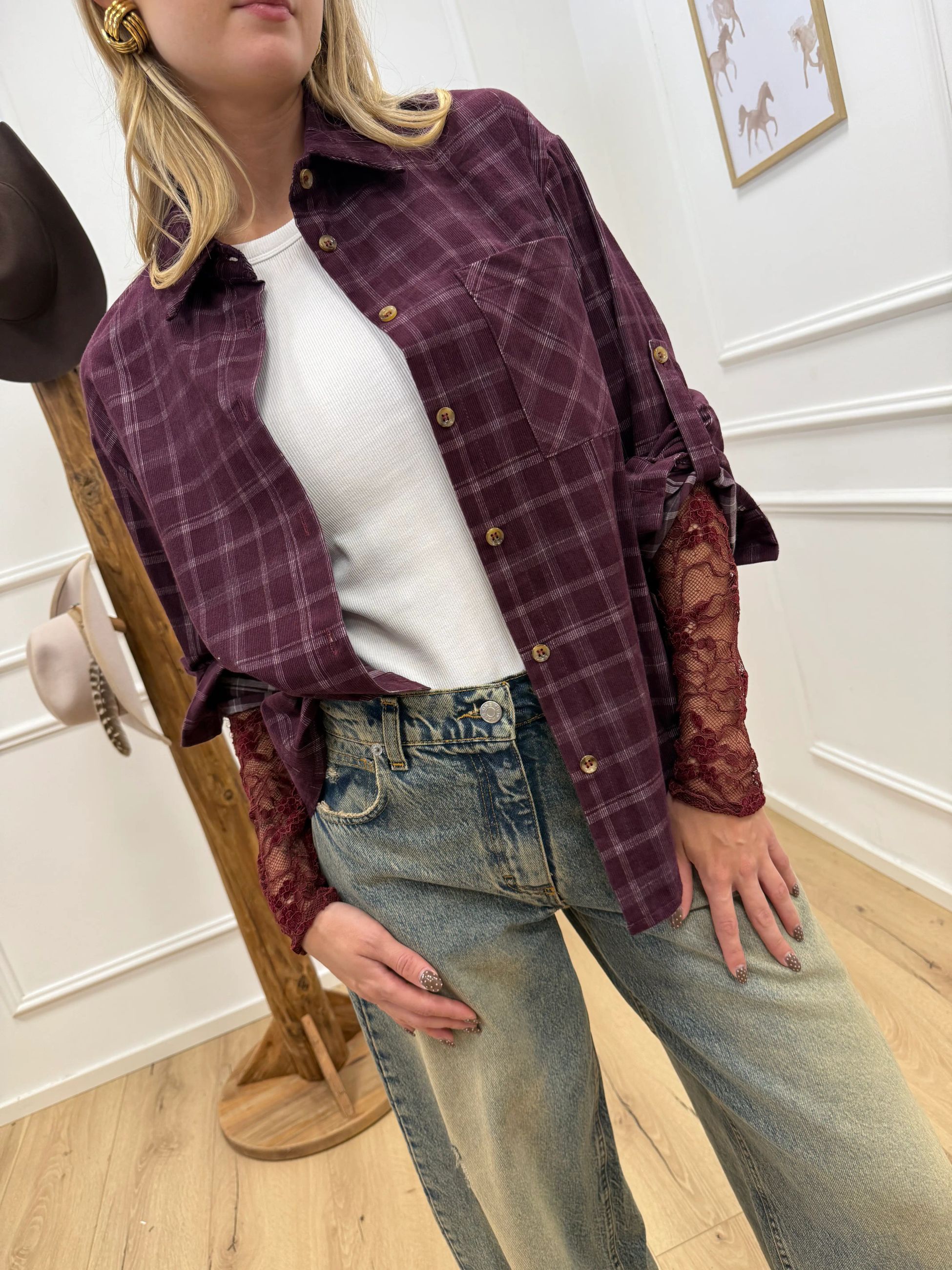 Camicia check vino con manica in pizzo - Vicolo