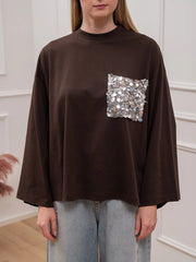 T shirt manica lunga moro con tasca paillettes - Tensione In