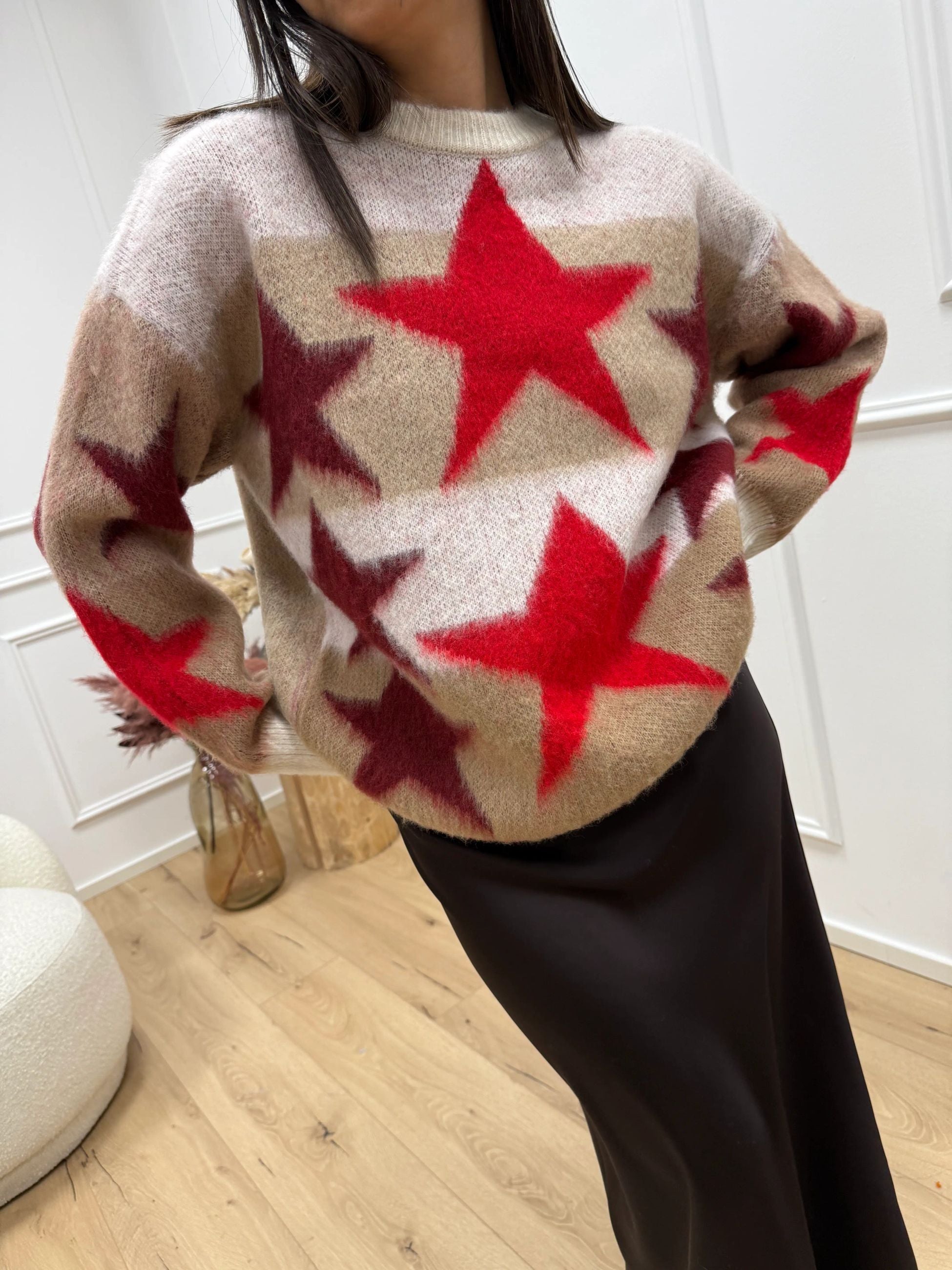 Maglia jacquard stelle cammello, panna, mastice, rosso, vino - HaveOne