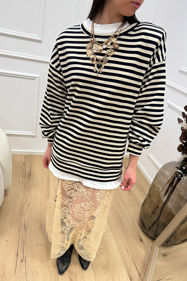 Vestito felpa blu e crema con pizzo - HaveOne