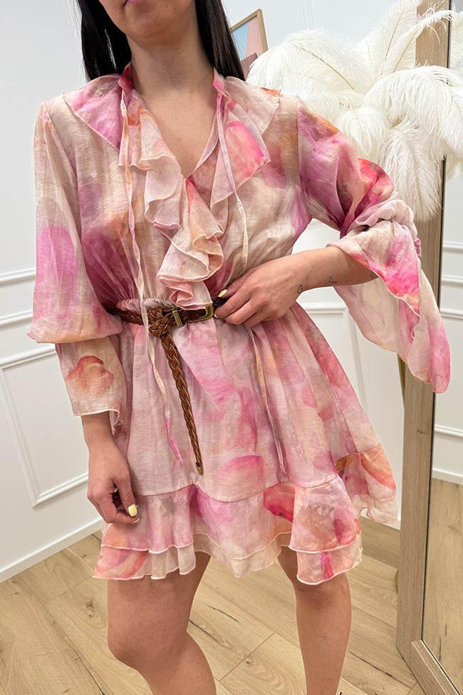 Vestito corto acquarello rosa con rouches - HaveOne