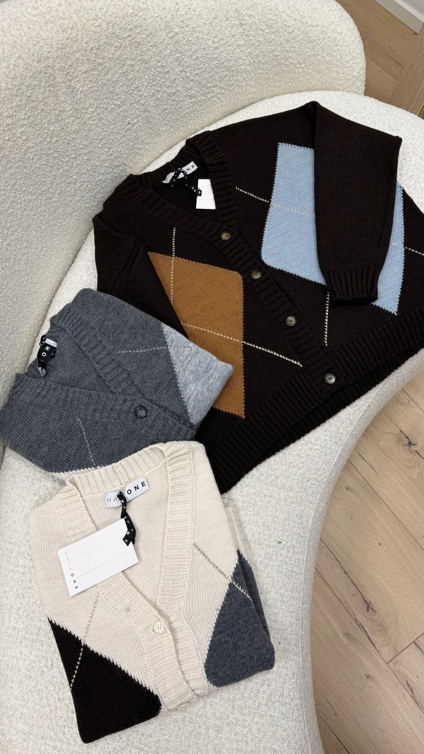 Cardigan maxi losanghe panna, grigio e moro - HaveOne