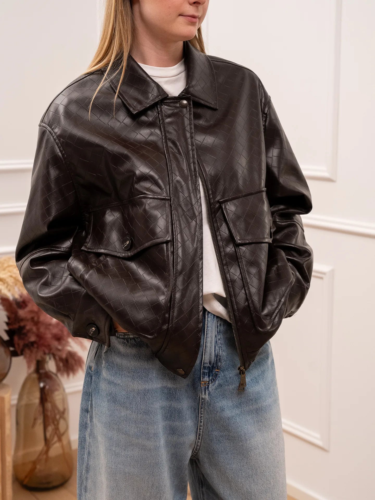 Bomber moro ecopelle intrecciata con maxi tasche - Tensione In