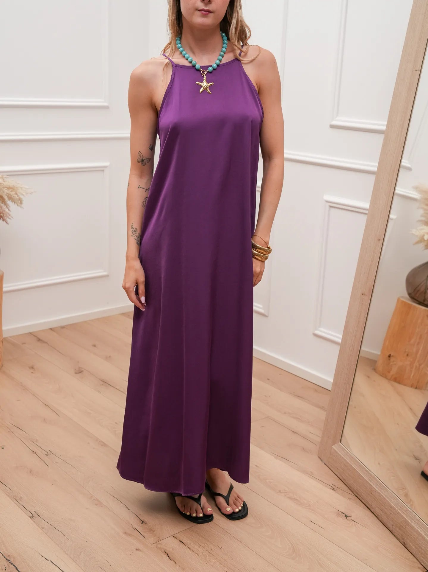 Vestito lungo in satin viola scollo a v sul retro - HaveOne