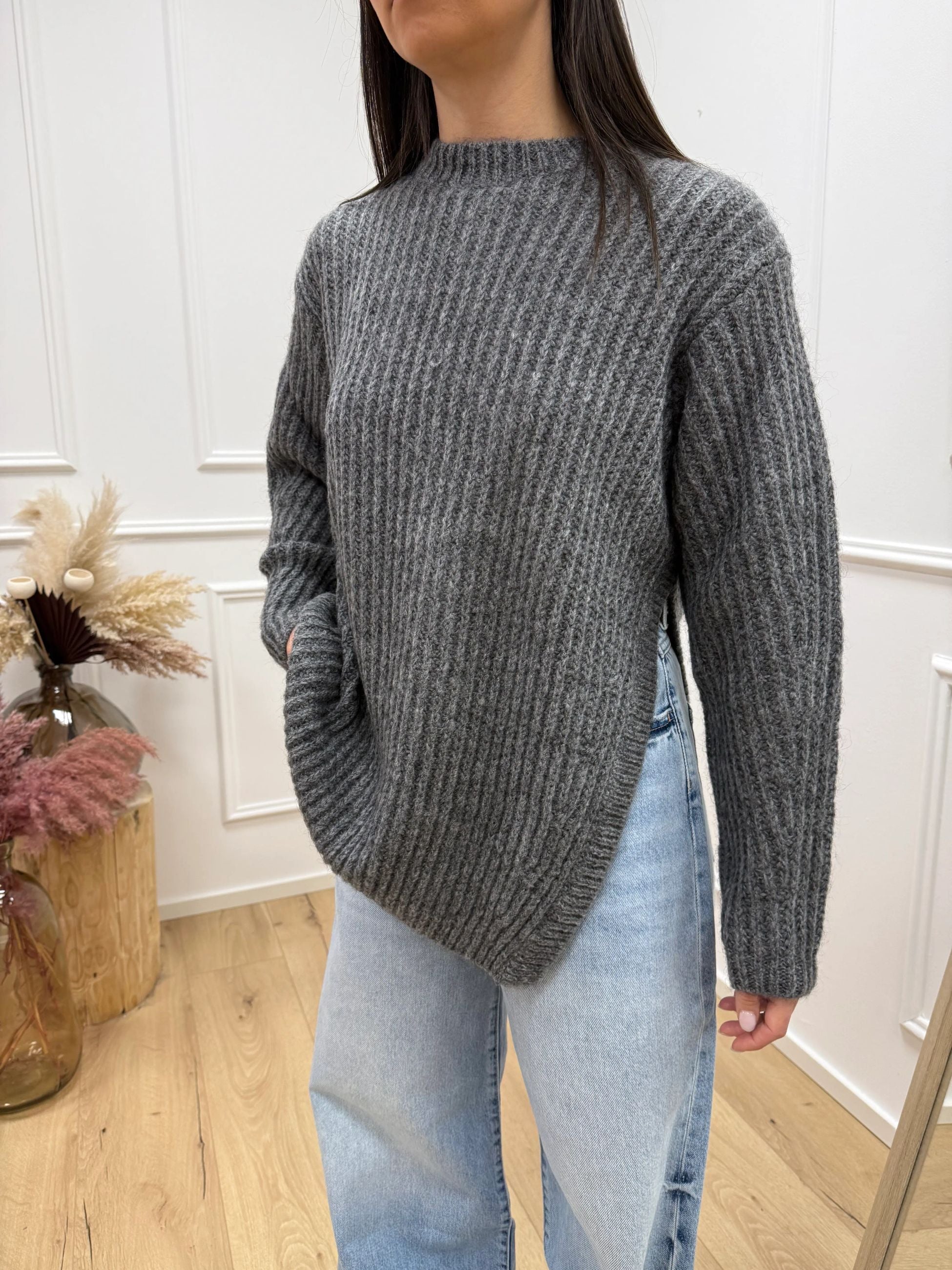 Maxi maglia grigia con spacco misto mohair - Kontatto