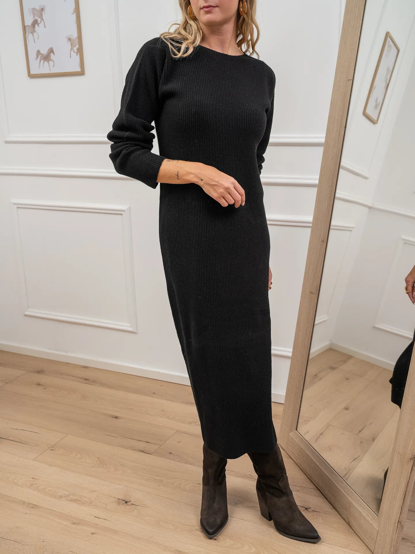 Vestito lungo a coste nero misto lana - Kontatto