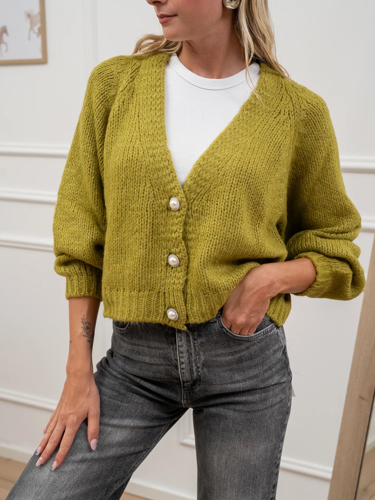 Cardigan olio tre bottoni gioiello - HaveOne