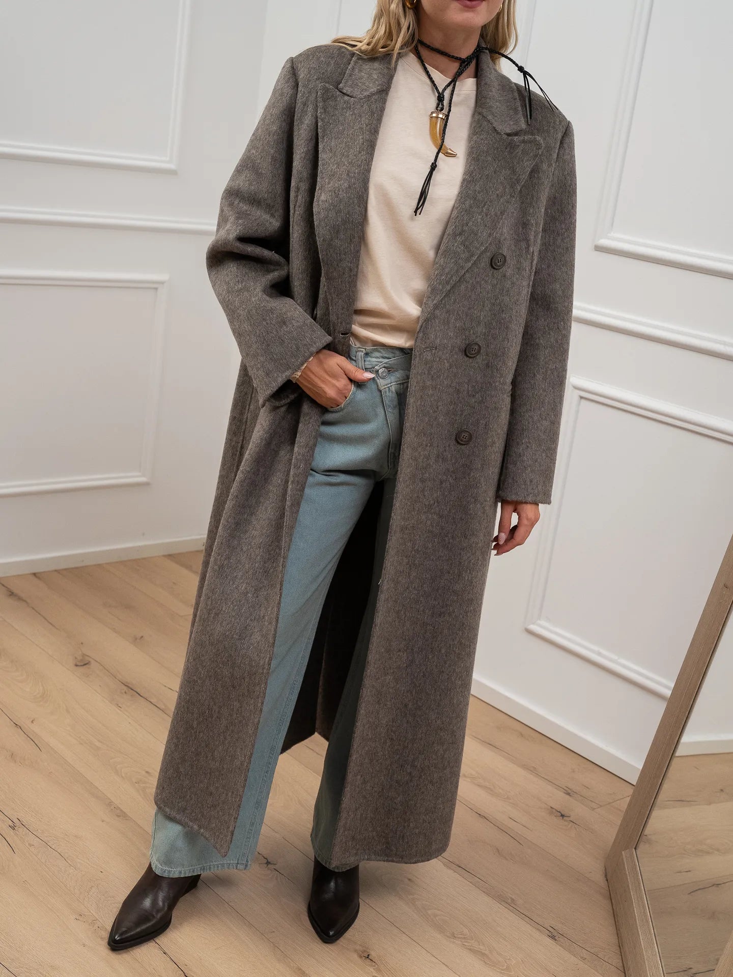 Cappotto strutturato fango mélange con cintura - HaveOne