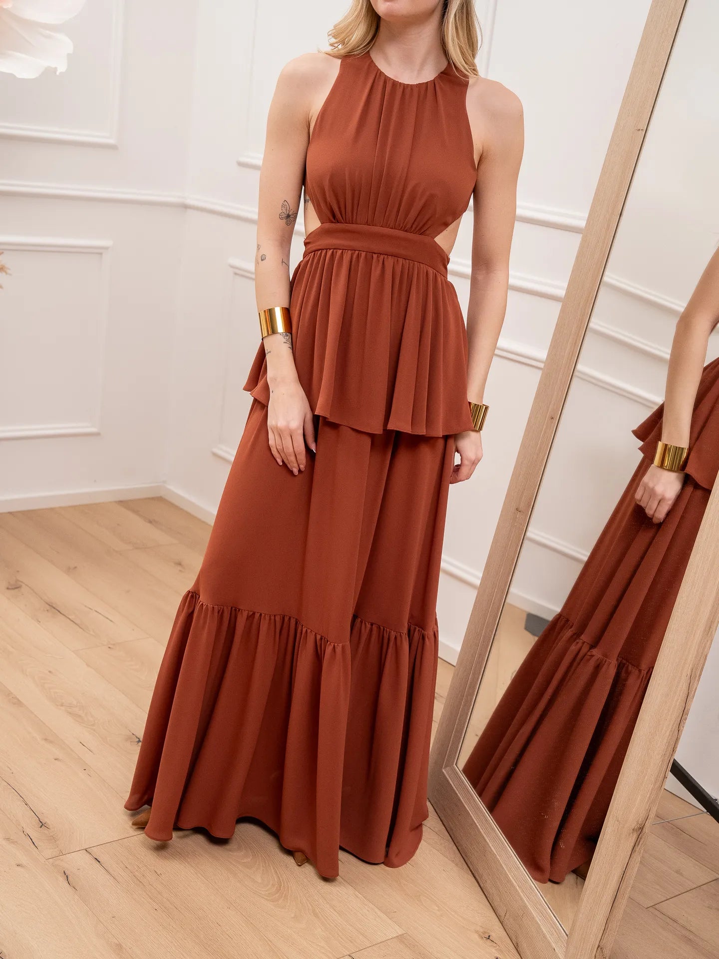 Vestito lungo tabacco con volant - Silence Limited