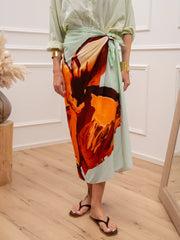 Gonna pareo lunga con maxi fiore acqua e arancio - Tensione In