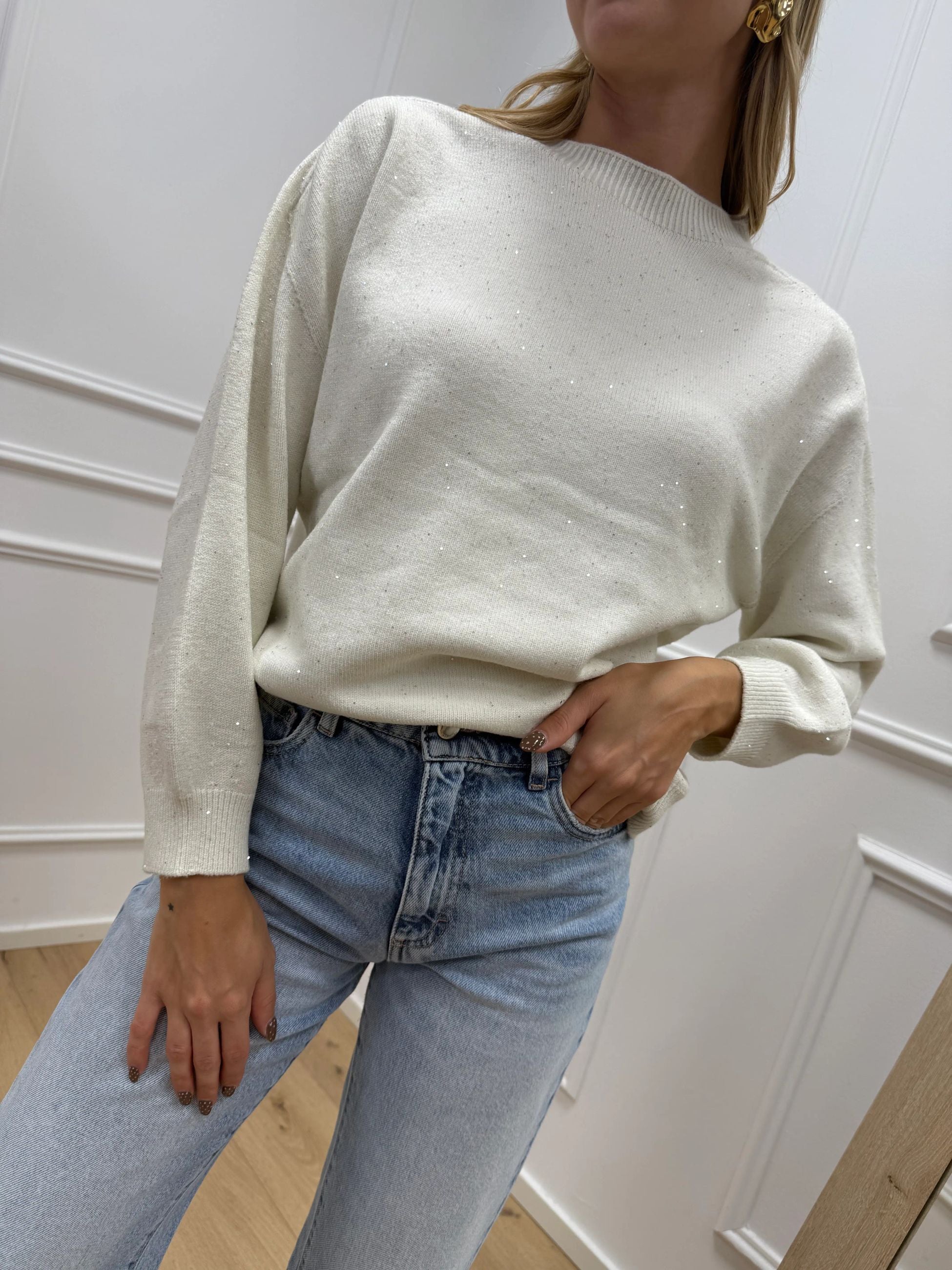 Maglia girocollo panna micropaillettes - HaveOne