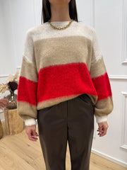 Maglia garzata a righe cammello, panna, mastice e rosso - HaveOne