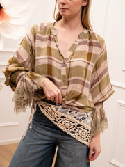 Camicia check kaki, rosa maniche arricciate con pizzo - Tensione In