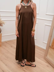 Vestito lungo in satin gianduia scollo a v sul retro - HaveOne