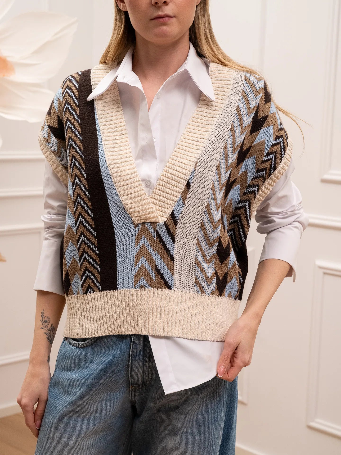 Gilet in maglia jacquard celeste, moro e camel - HaveOne