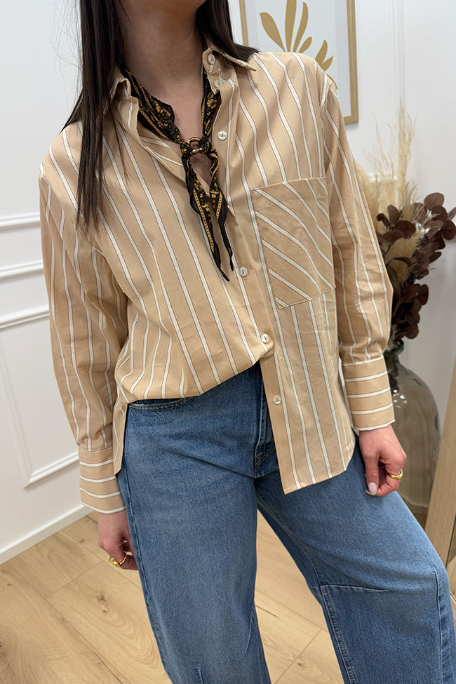 Camicia beige rigata bianca tasca lato cuore - HaveOne