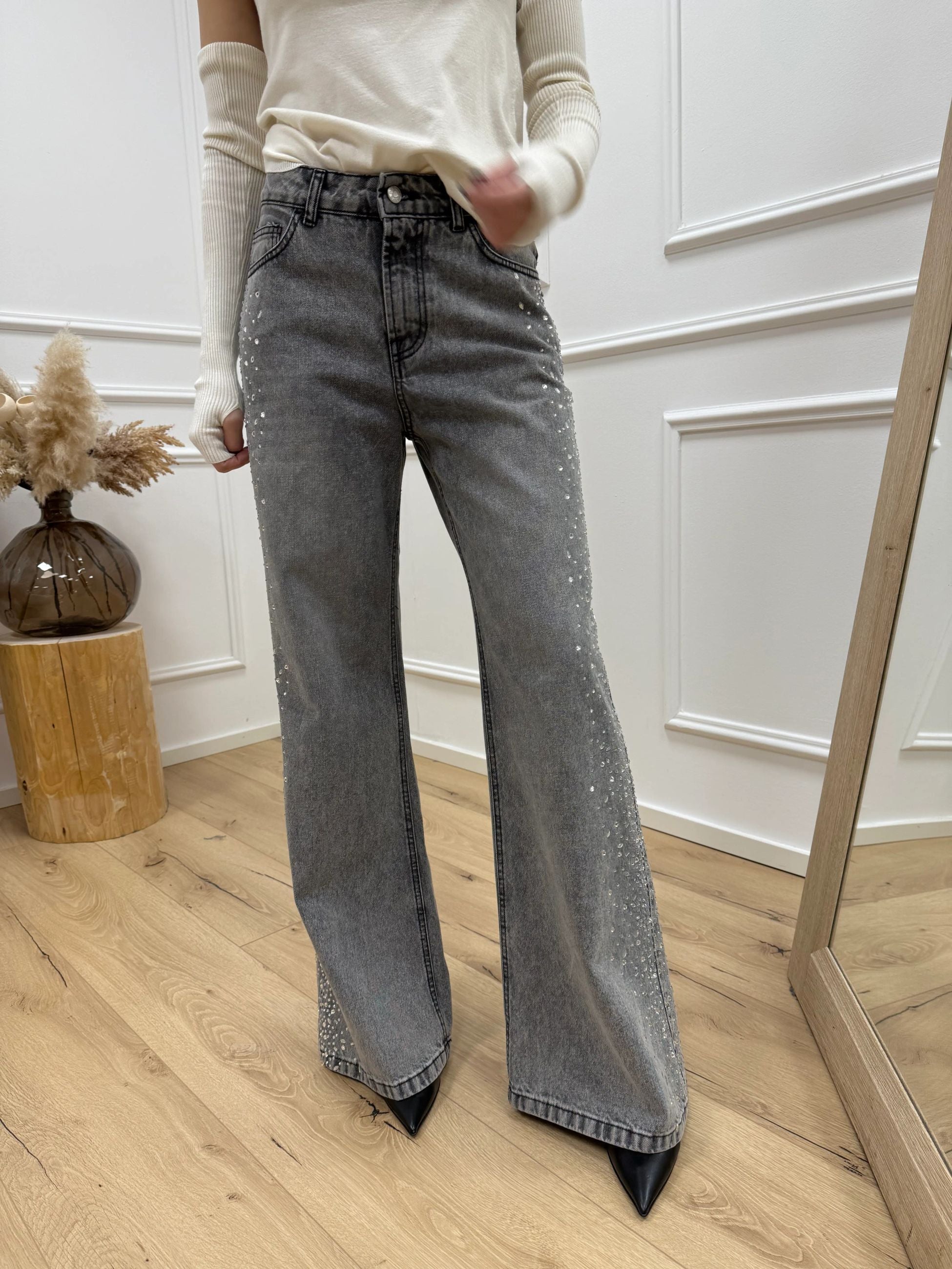 Jeans Tokyo grigio con cabochon laterali - HaveOne
