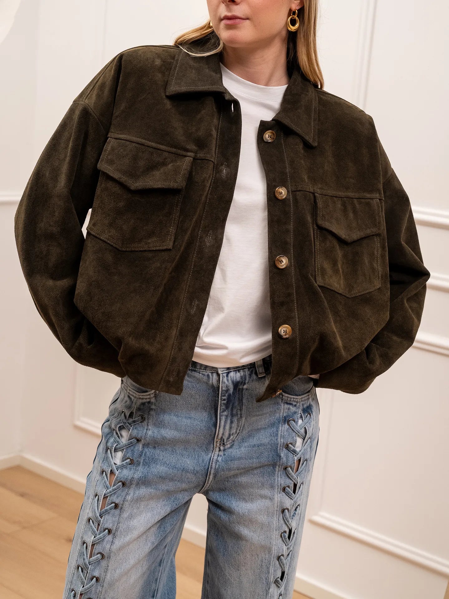 Bomber in vera pelle scamosciata kaki - Vicolo