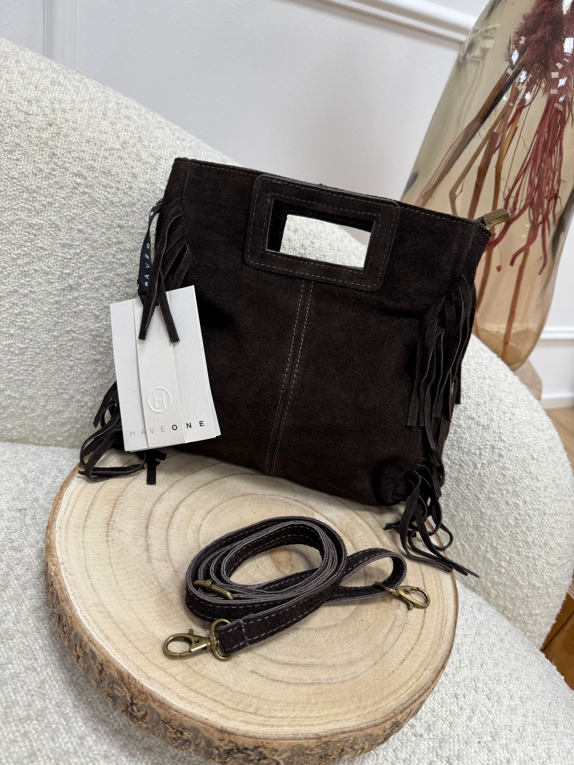 Borsa scamosciata moro con frange - HaveOne