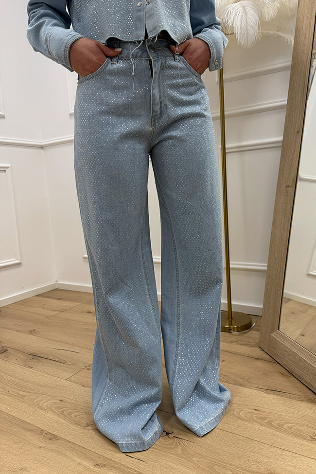 Jeans wide leg in denim chiaro con strass - HaveOne