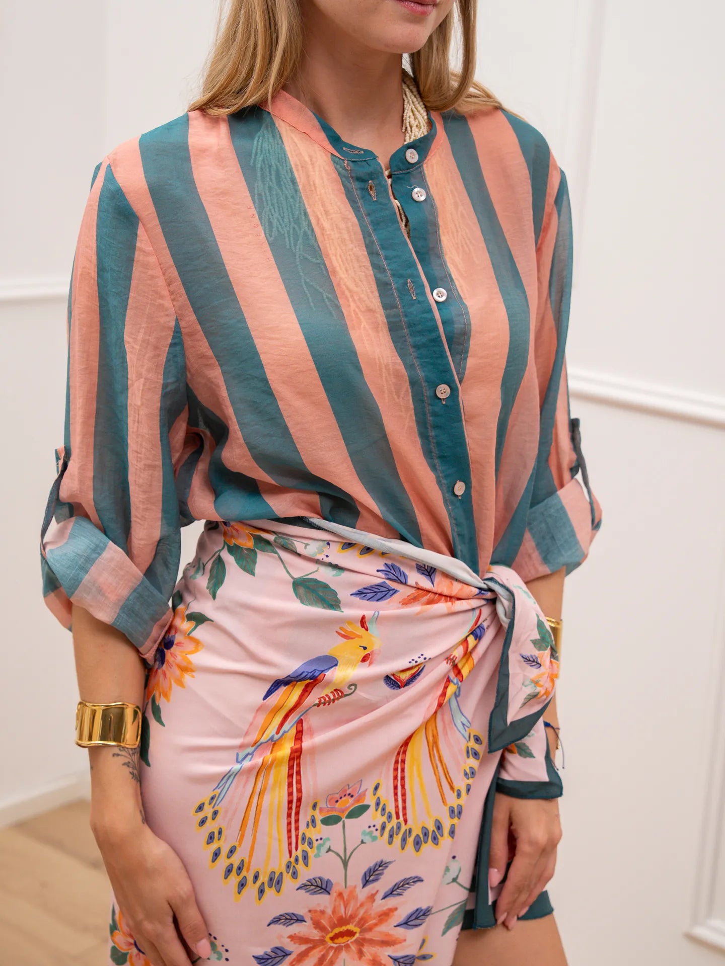 Camicia riga larga ottanio e rosa in lyocell - HaveOne