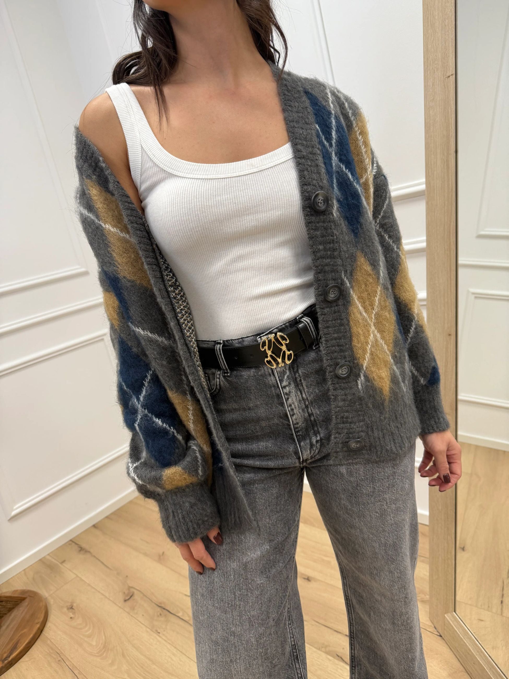 Cardigan mohair rombi grigio, camel, blu - Tensione In