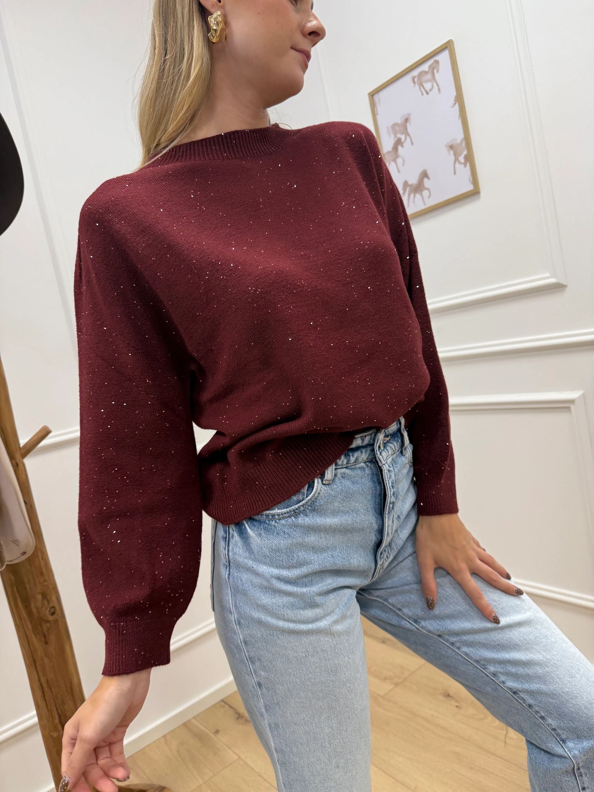 Maglia girocollo bordeaux micropaillettes - HaveOne