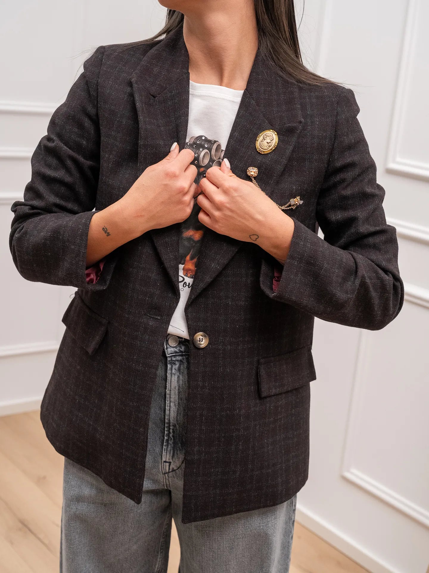 Giacca cappotto check vino, nera - Vicolo