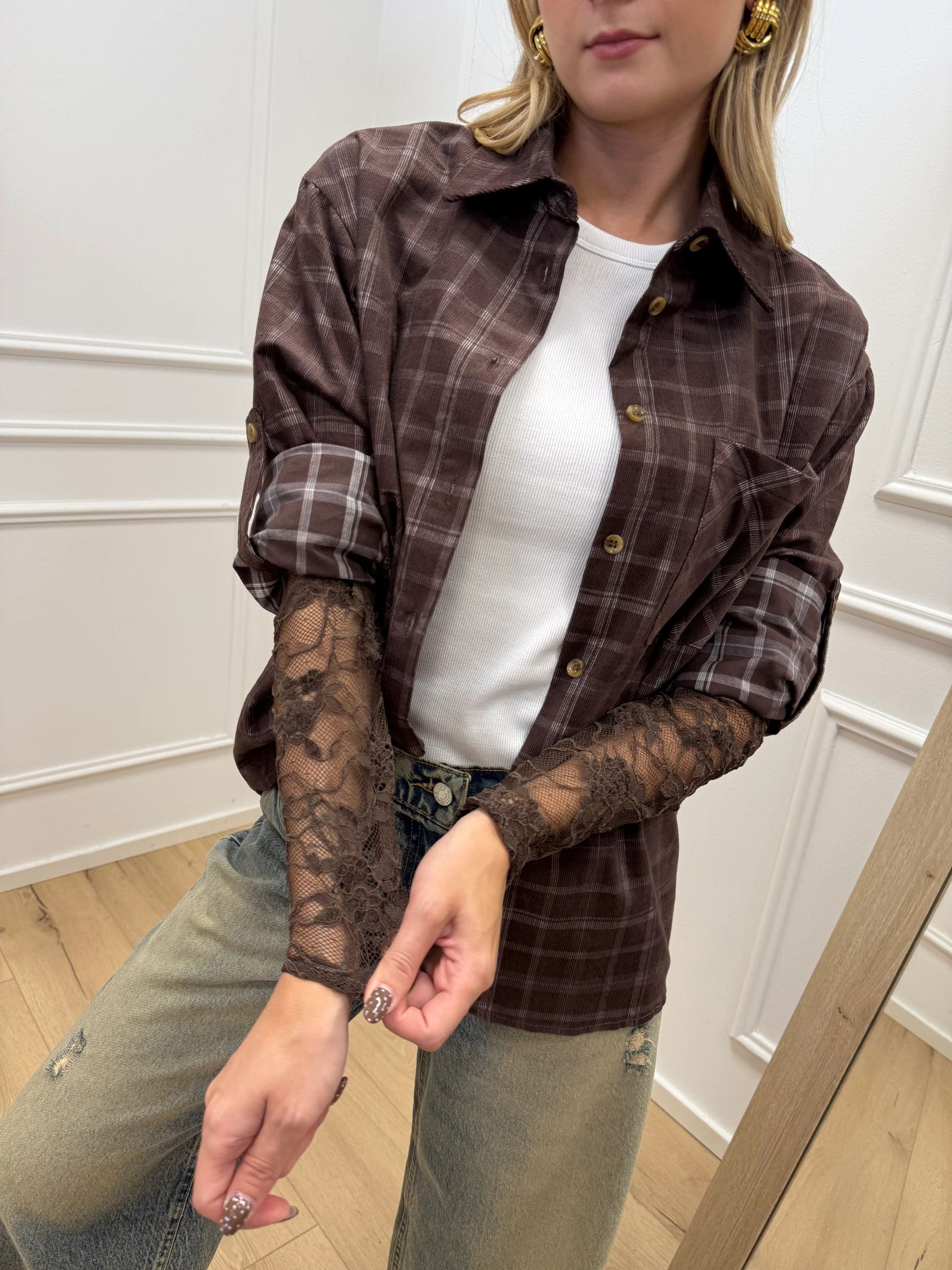 Camicia check moro con manica in pizzo - Vicolo