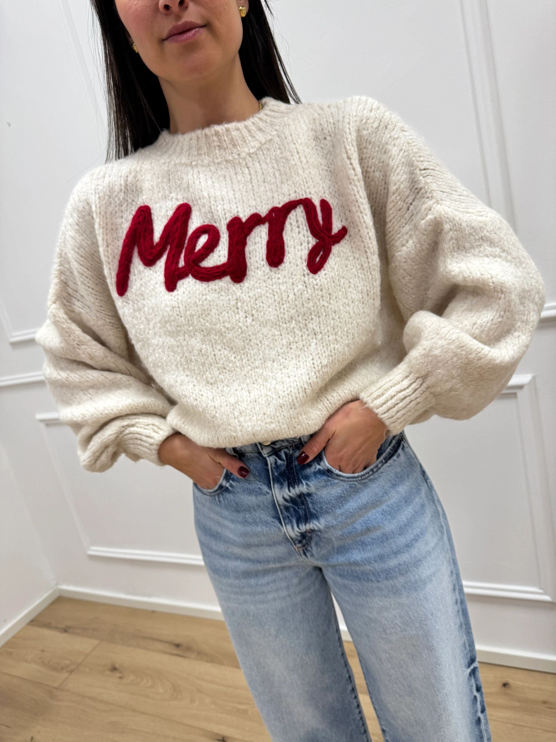 Maglione girocollo panna ricamo Merry - You Decide