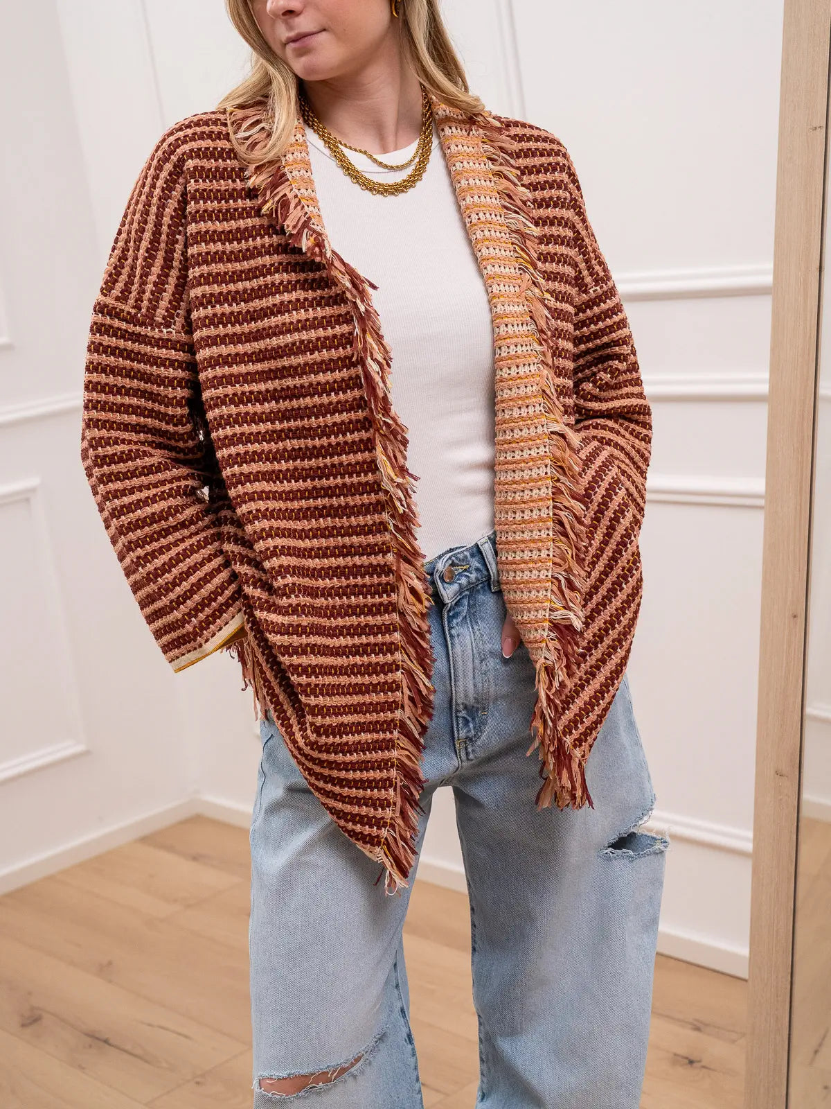 Cardigan tramato terra, senape, nude con frange - Kontatto