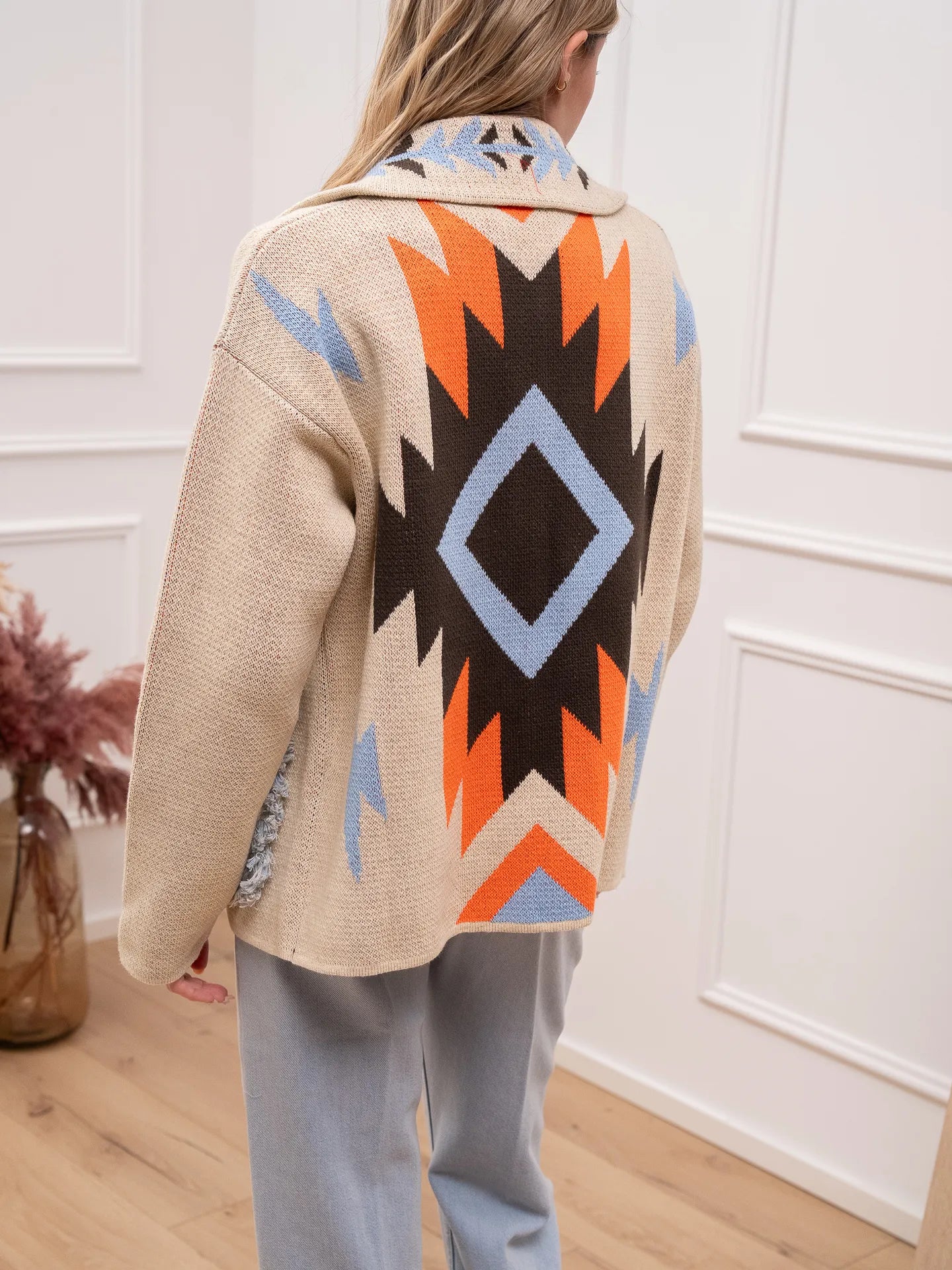 Cardigan etnico sabbia tasche con frangette - Vicolo