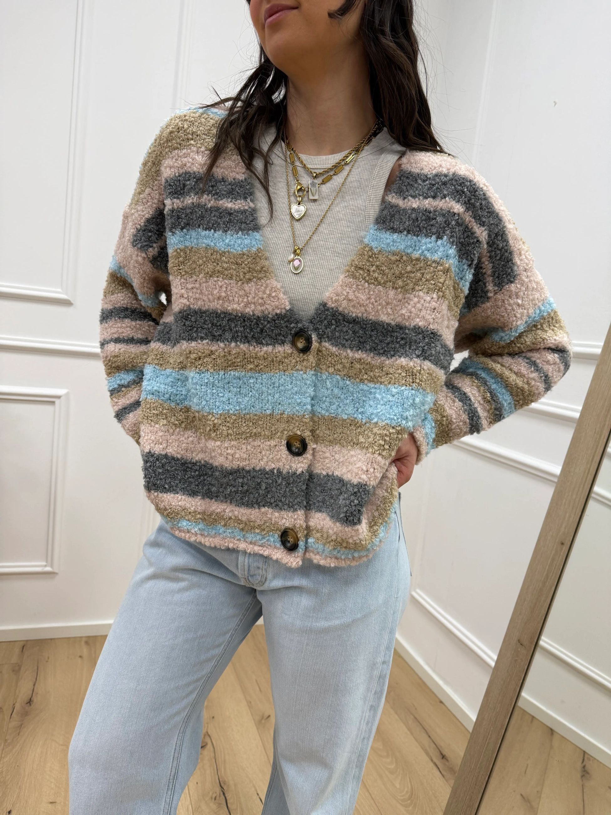 Cardigan tre bottoni rigato cipria - HaveOne
