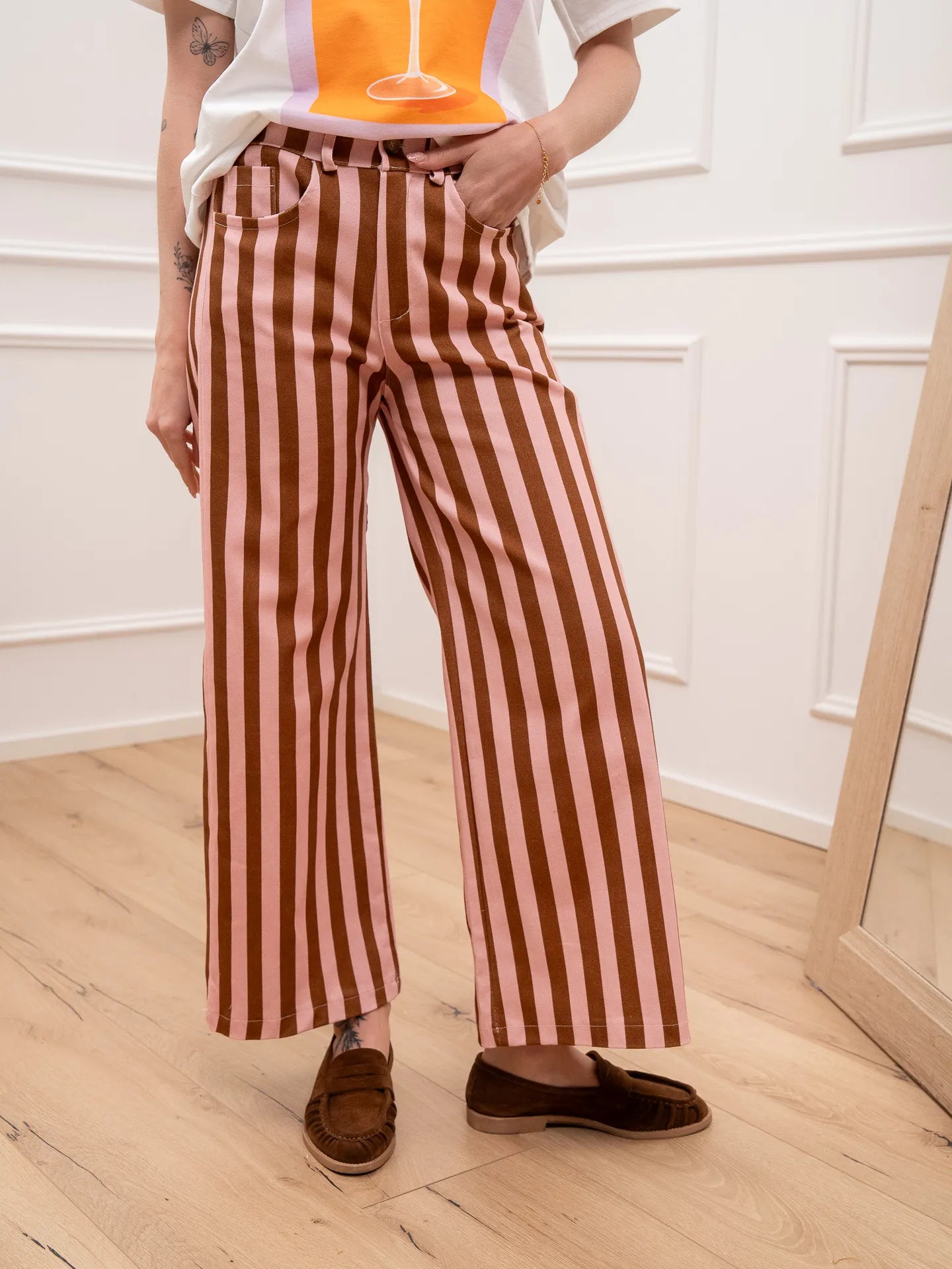 Jeans Candy rigato cuoio, rosa - Crispy