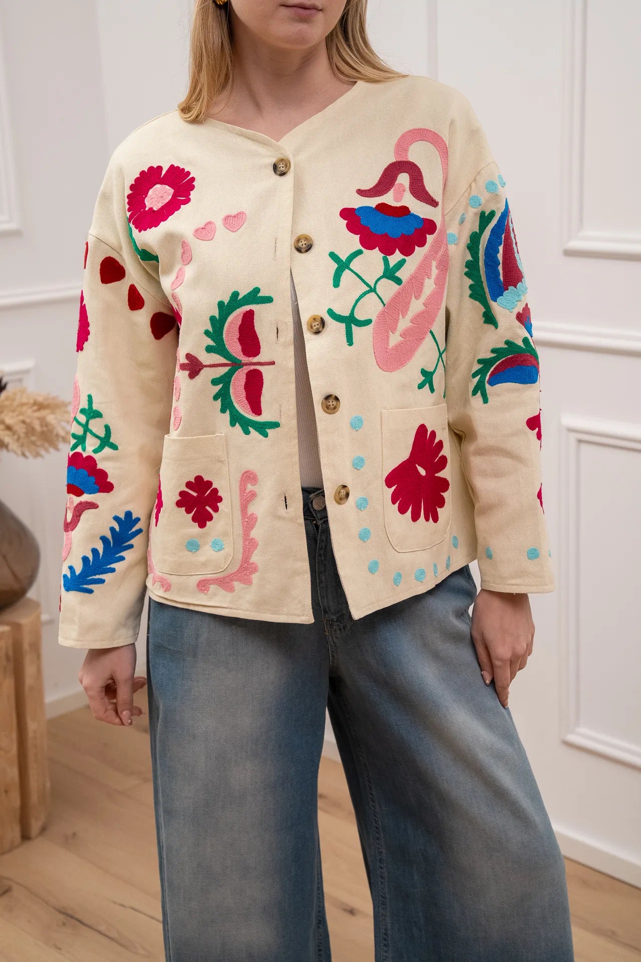 Giacca burro in cotone con ricami multicolor - Crispy