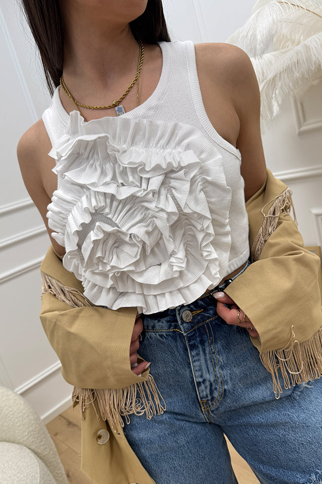 Top crop bianco con maxi fiore in rilievo - HaveOne