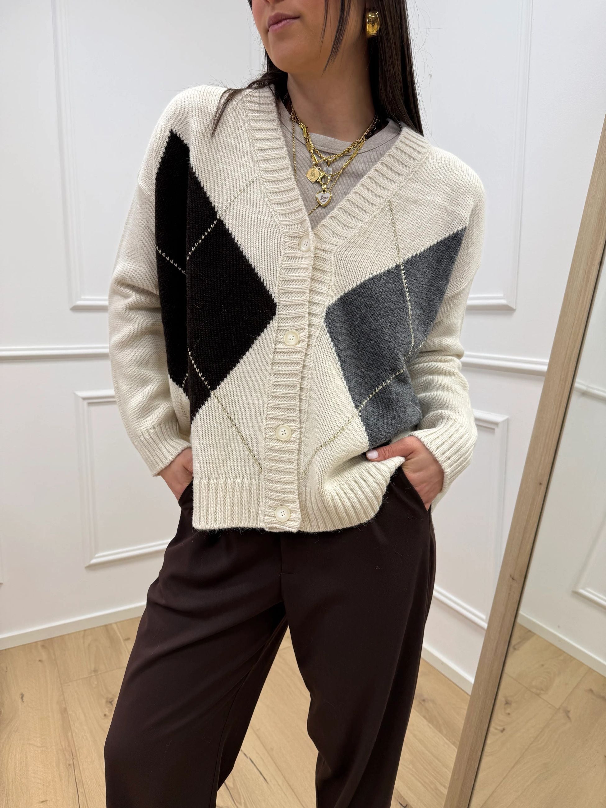 Cardigan maxi losanghe panna, grigio e moro - HaveOne