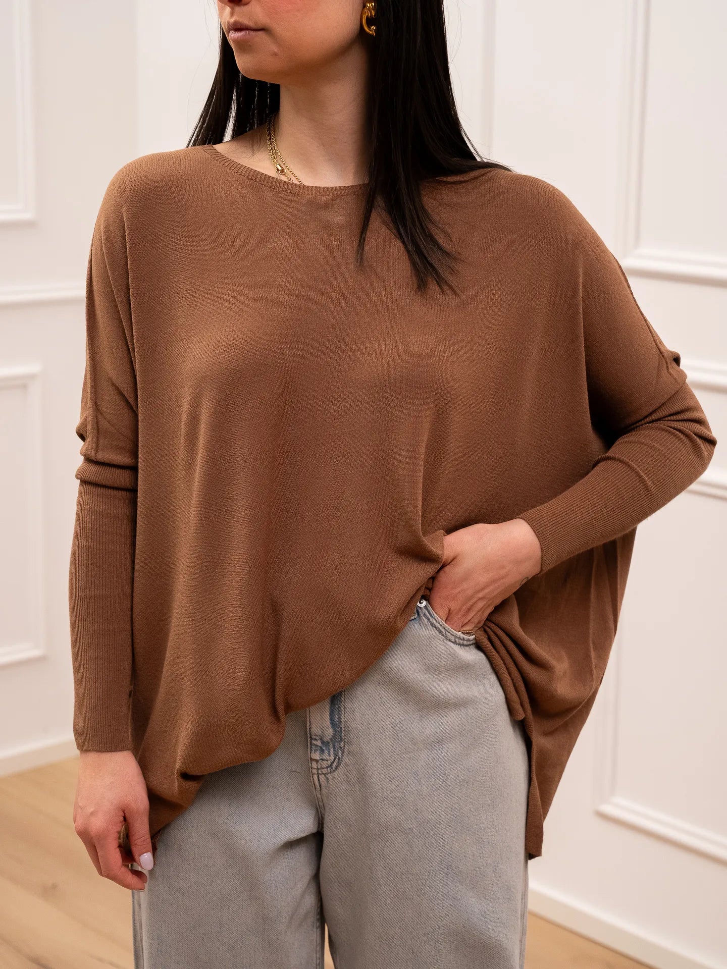 Maglia a scatoletta nocciola manica pipistrello - Vicolo