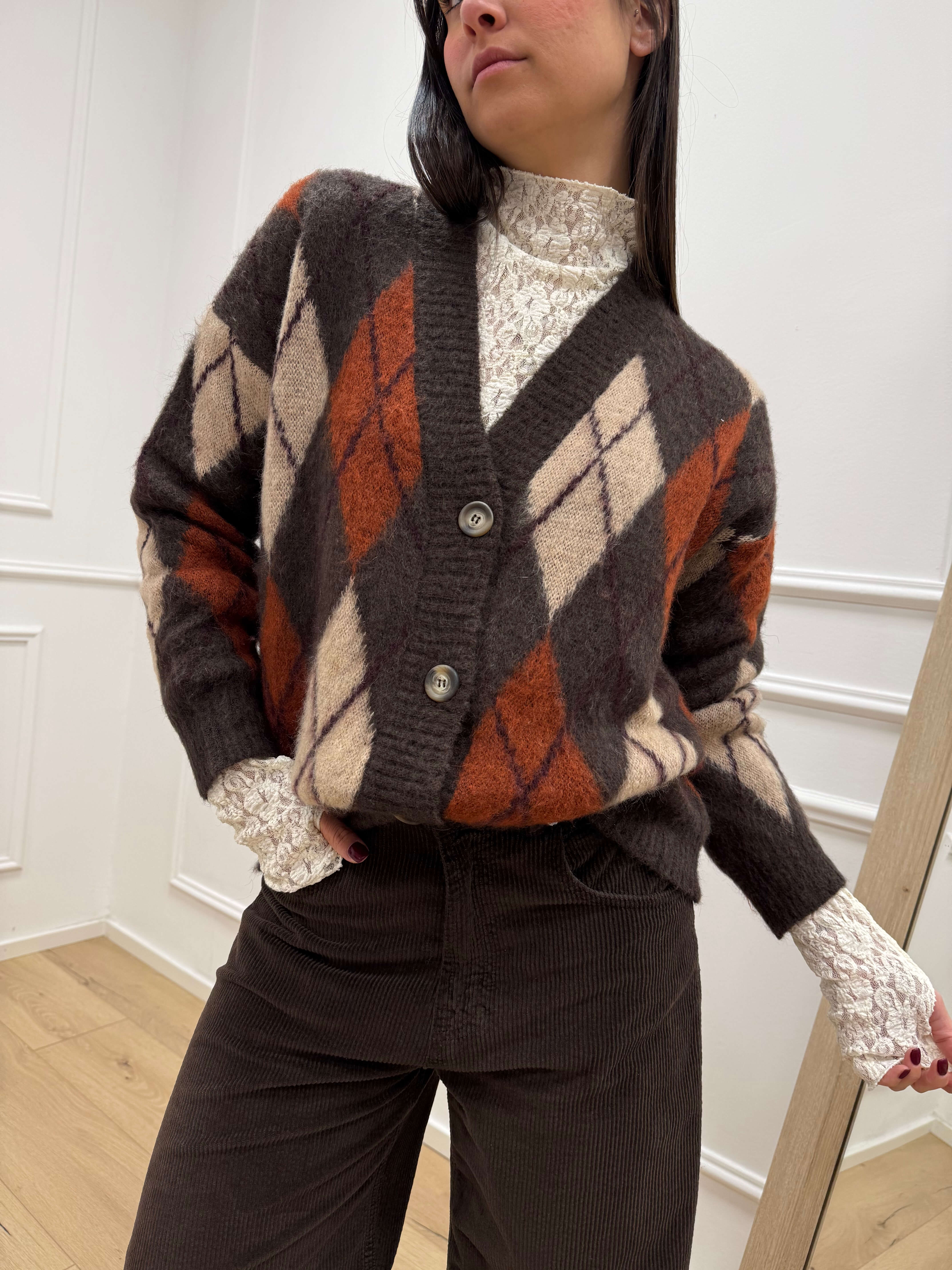 Cardigan rombi moro, camel e bruciato - Tensione In