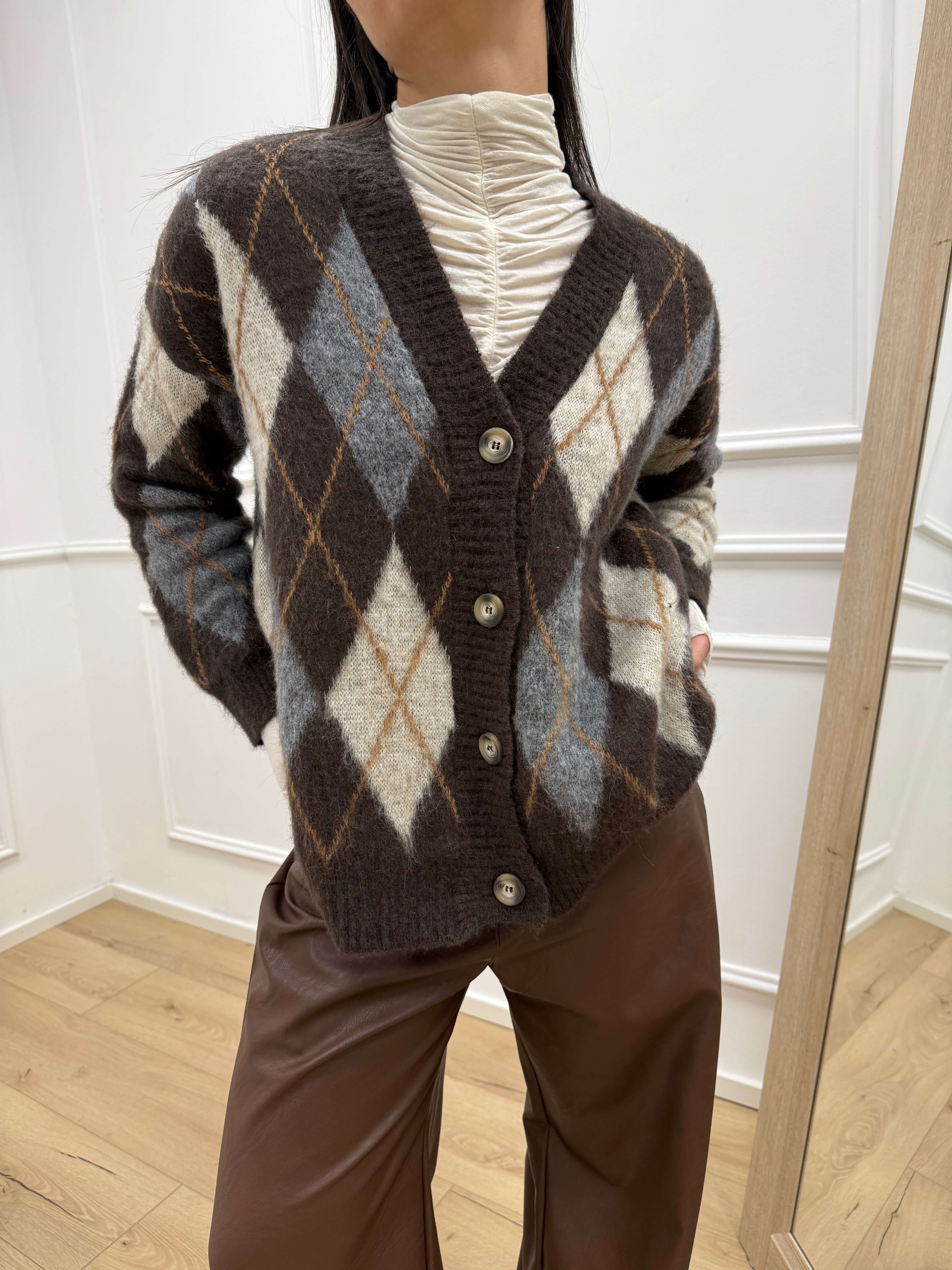 Cardigan rombi cioccolato, burro e grigio - Tensione In