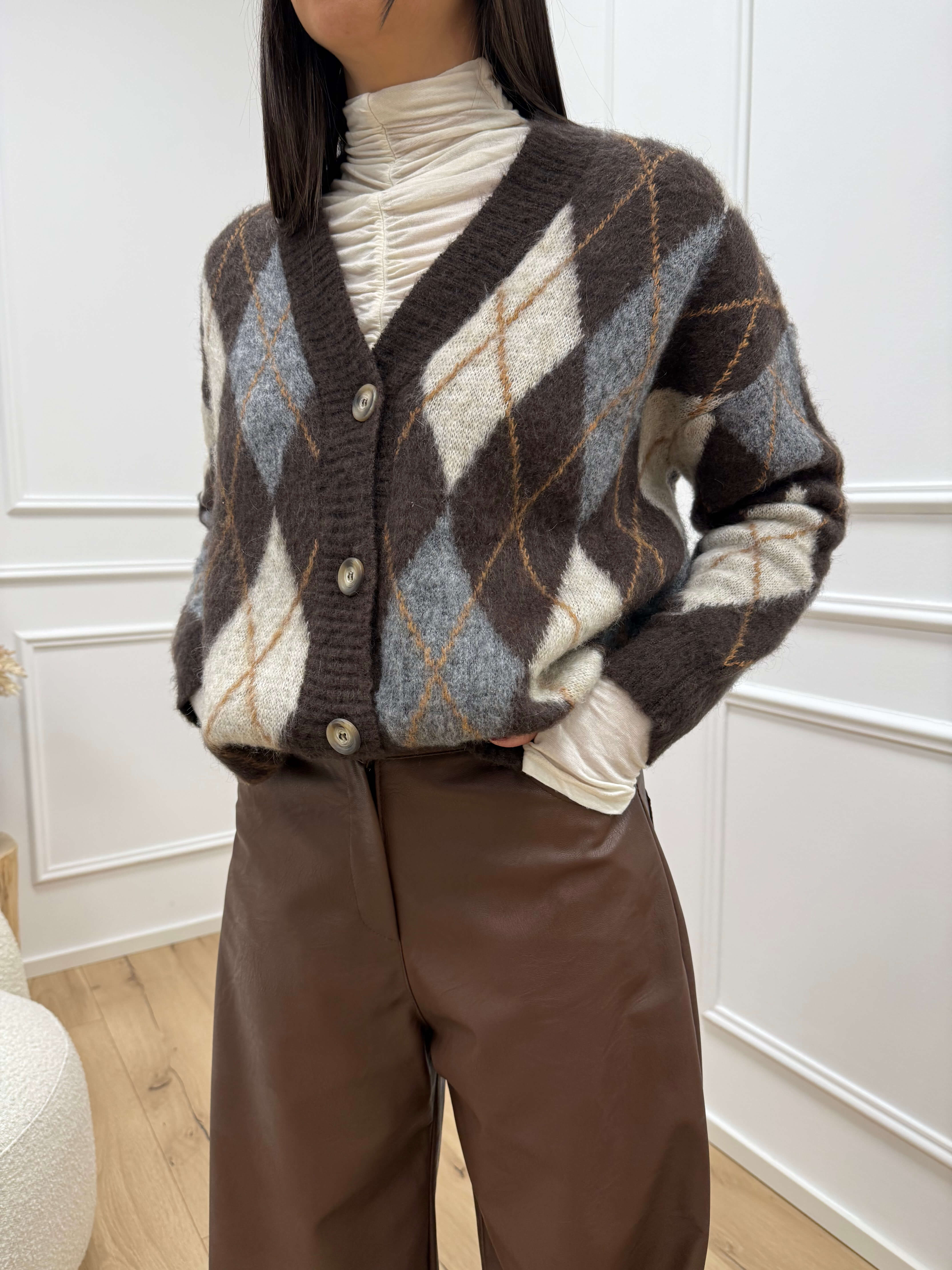 Cardigan rombi cioccolato, burro e grigio - Tensione In