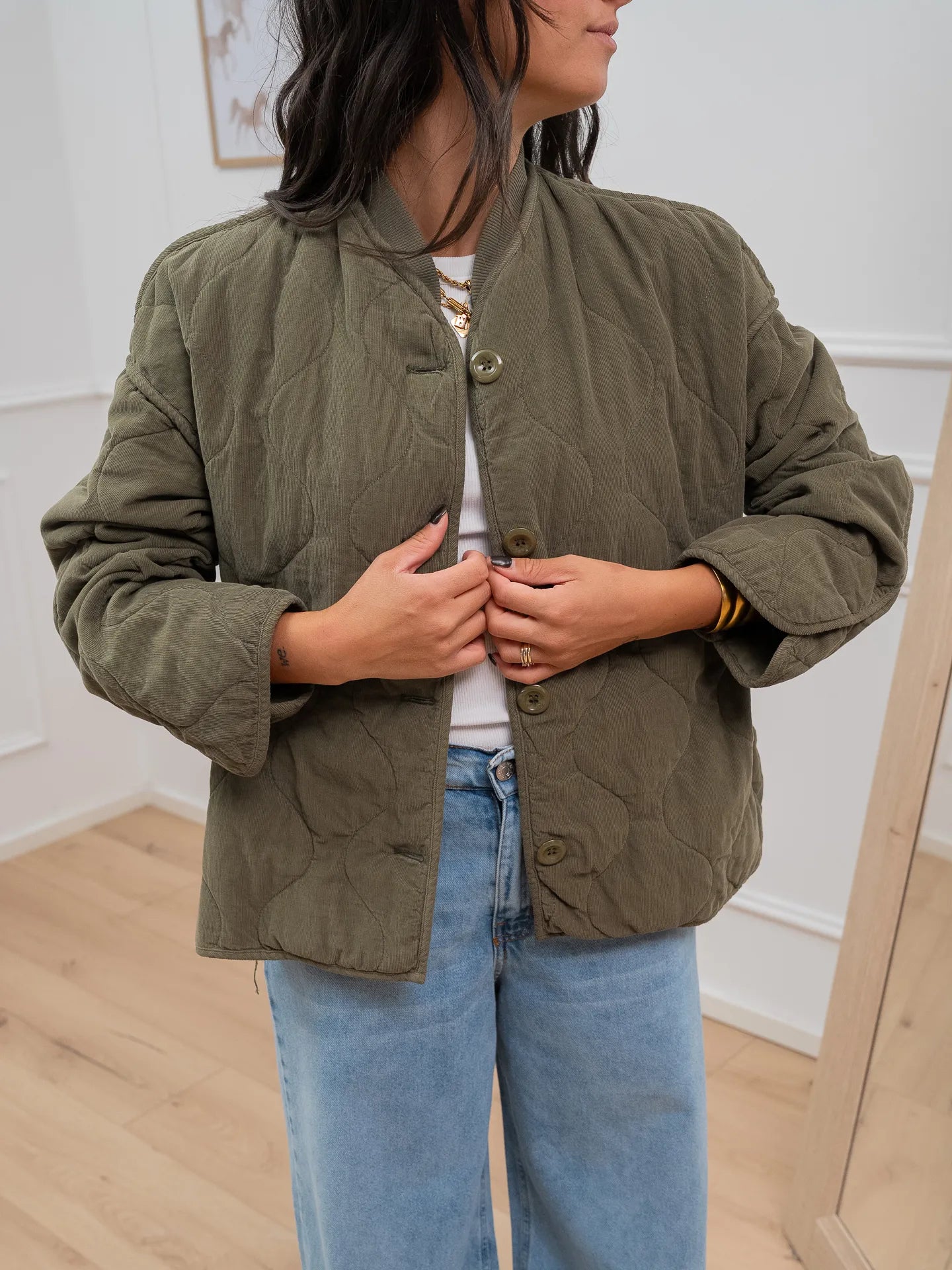 Trapuntino millerighe verde militare - Philia Loft