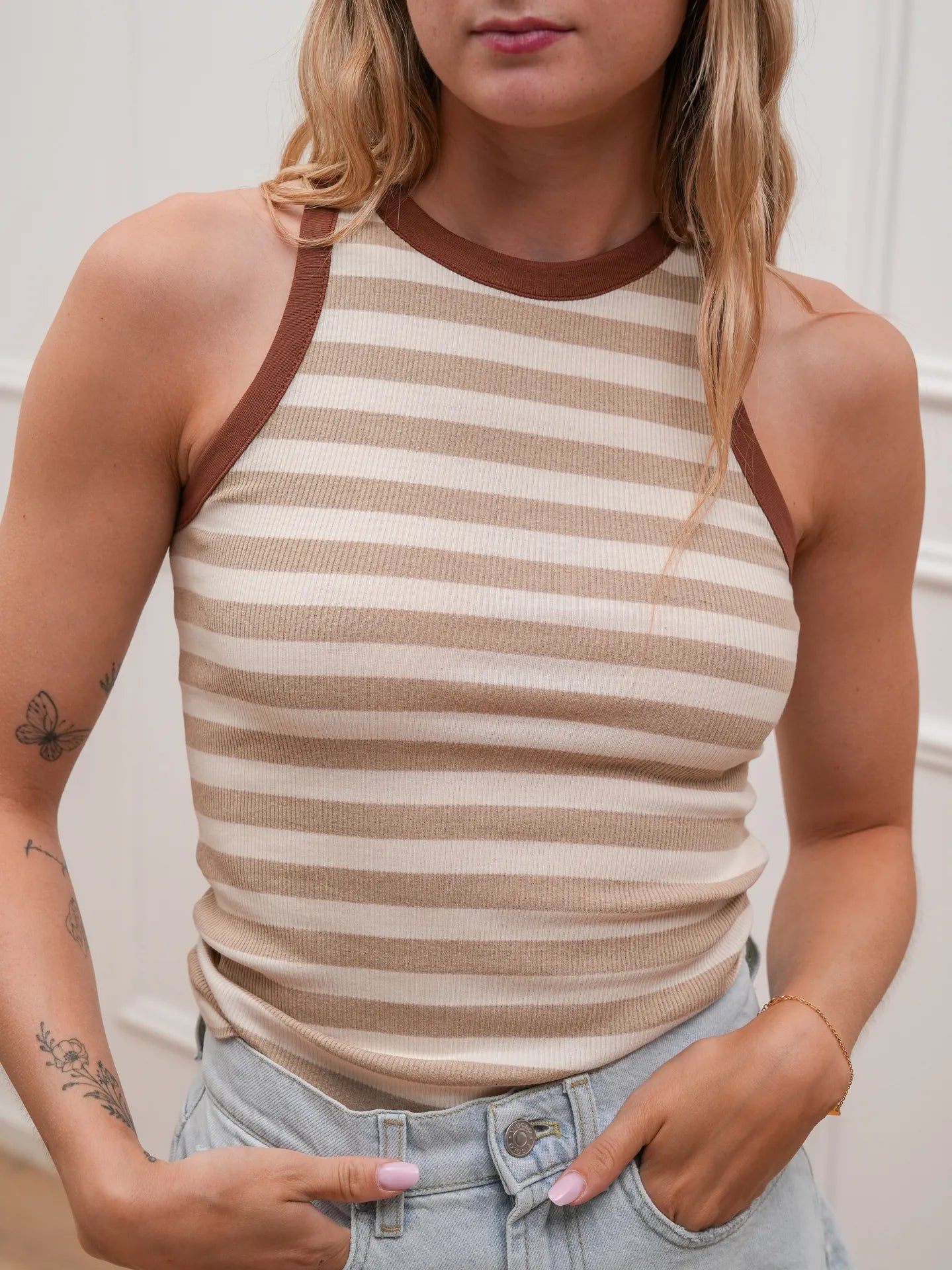 Canotta riga maxi beige e burro bordi bruciato - Vicolo