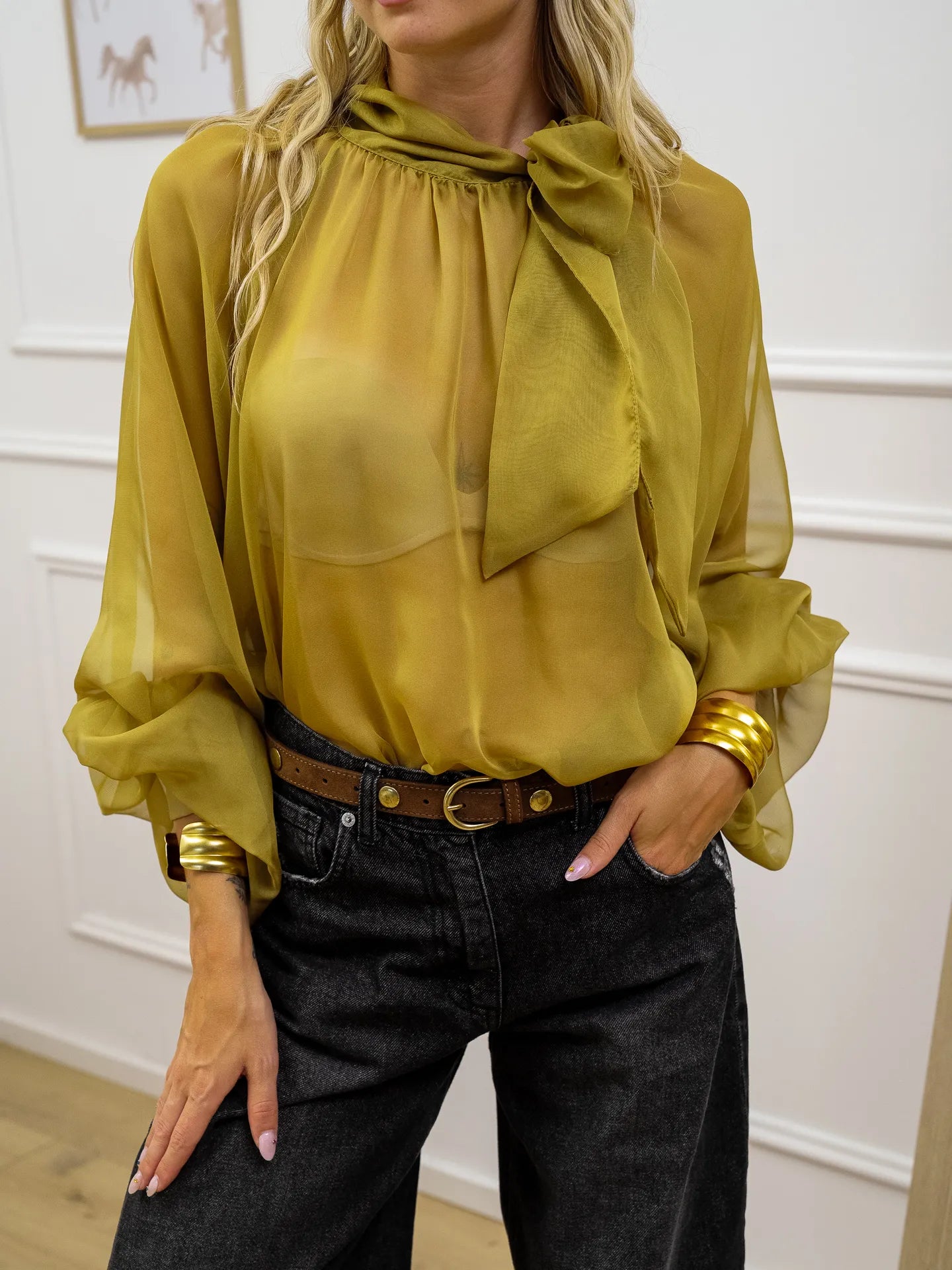 Camicia velata olio con fiocco al collo - Kontatto