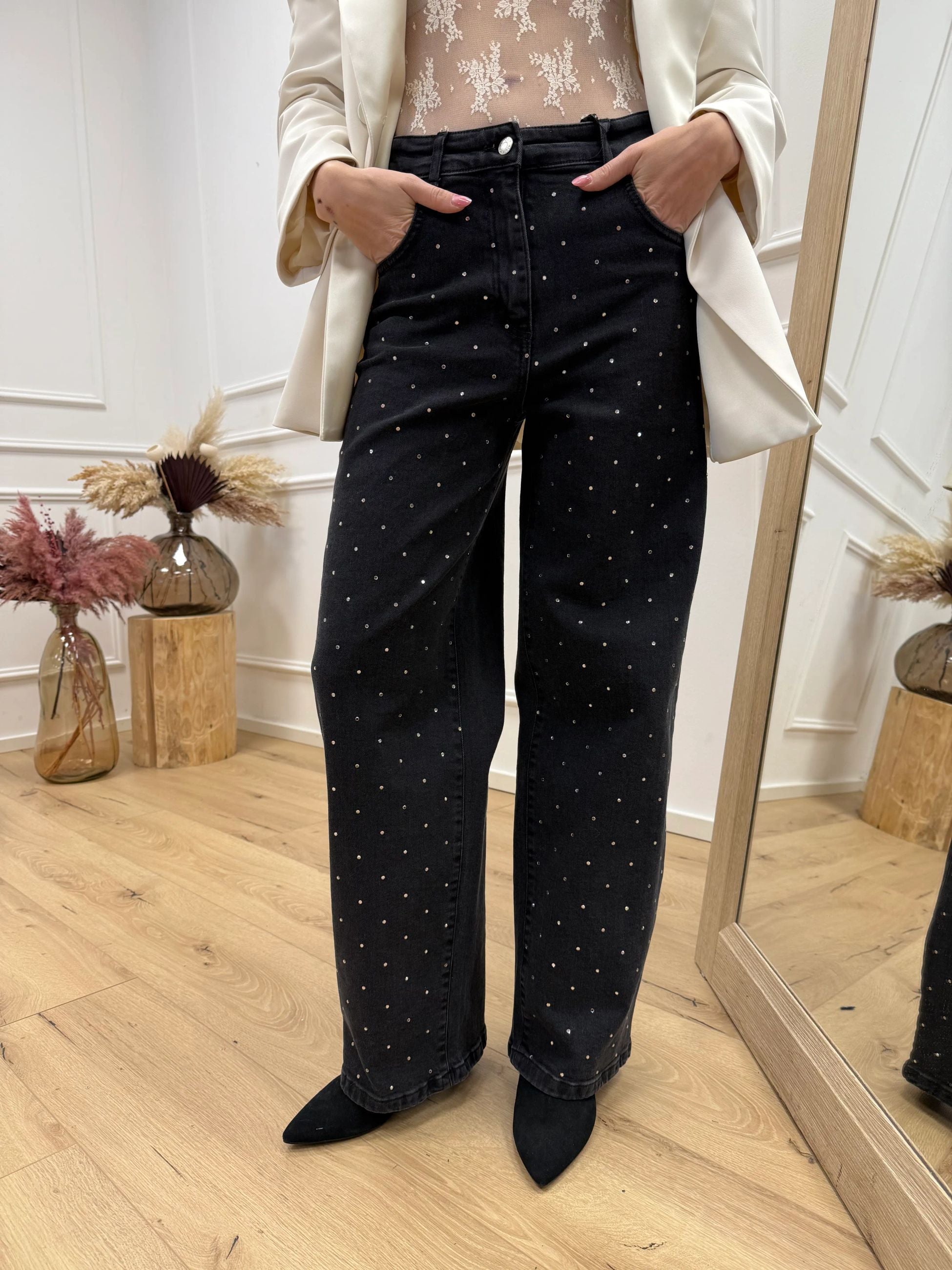 Jeans Bella denim nero con strass - HaveOne