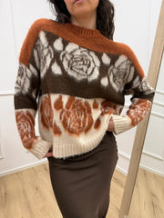 Maglia jacquard righe e fiori beige, coccio e moro - HaveOne