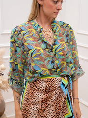 Camicia maku fiori celesti e lime in lyocell - HaveOne