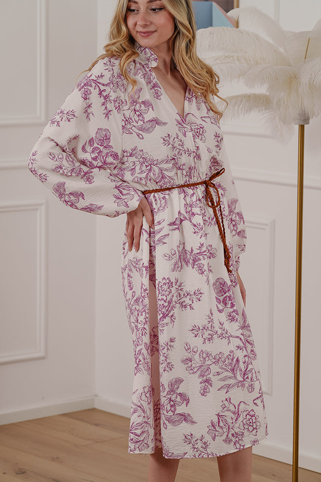 Vestito midi burro con camelie magenta - Dixie