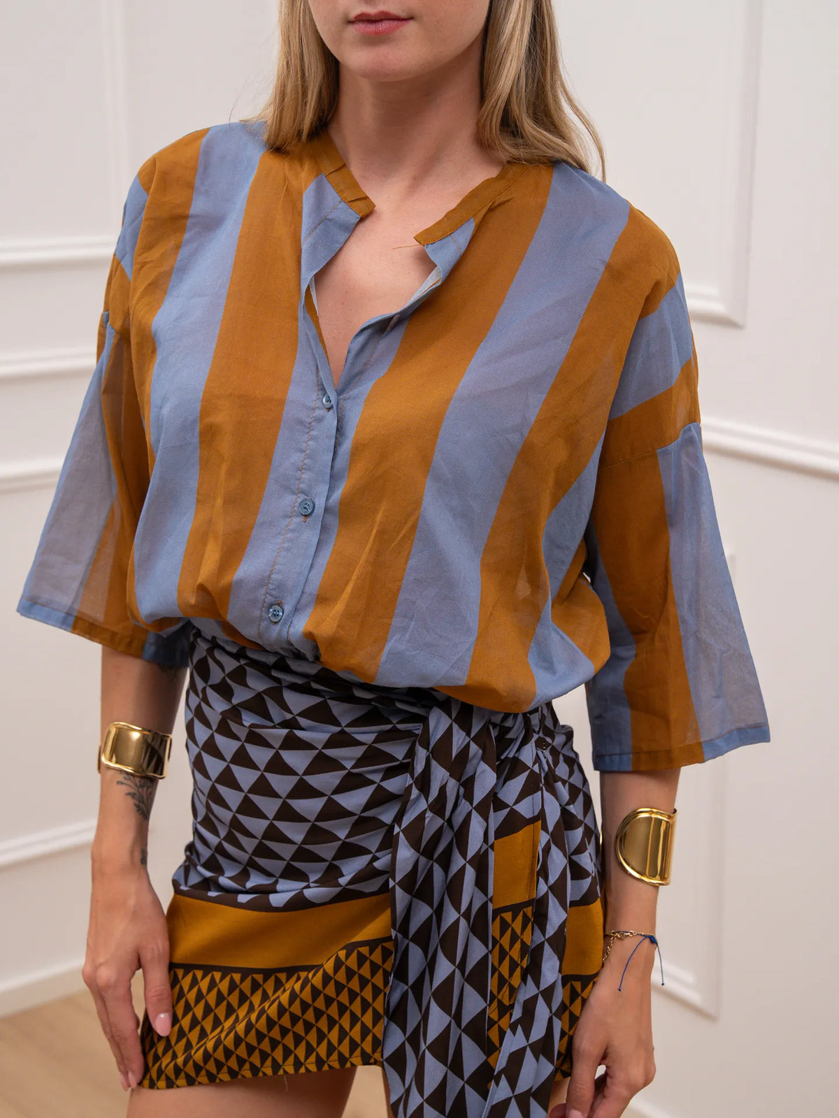 Camicia maxi riga celeste e tabacco - Tensione In