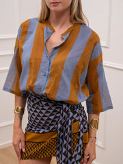Camicia maxi riga celeste e tabacco - Tensione In